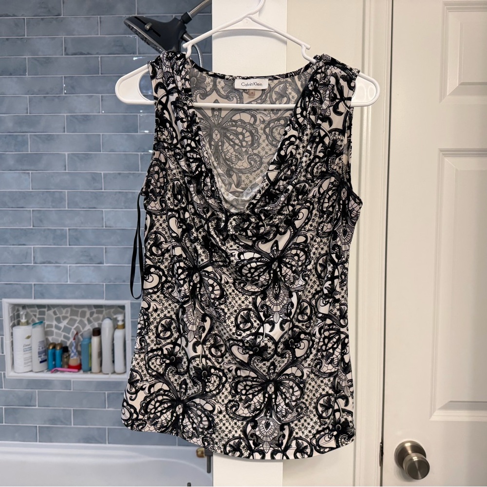 Calvin Klein Black and White Lace Print Blouse
